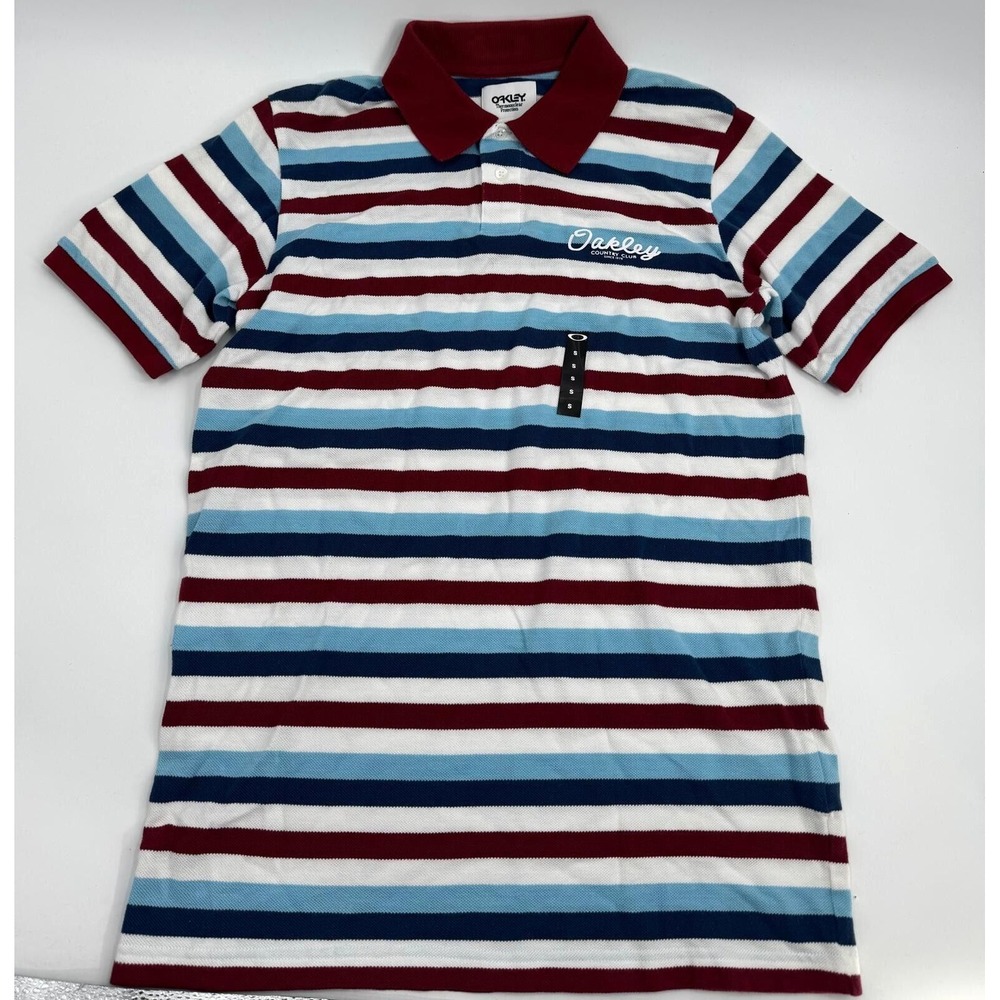 New Oakley Men's SZ Small Golf Polo Shirt Burgundy Blue White Striped 2 Button